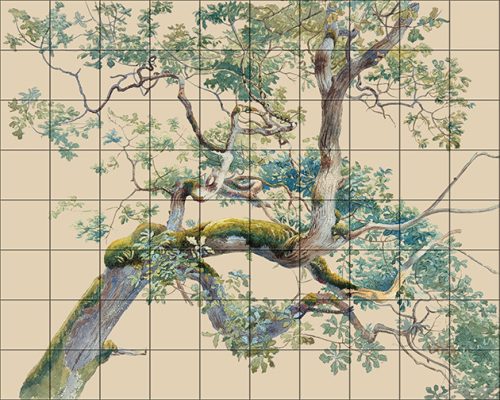 Botanical ceramic tile mural with tree branches and green leaves